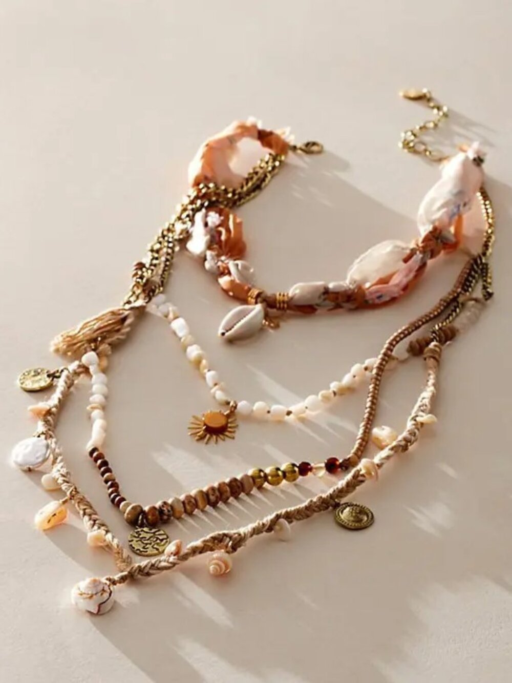 FREE PEOPLE x Ariana Ost River Layered Textile Necklace In Pink & Natural NWOT